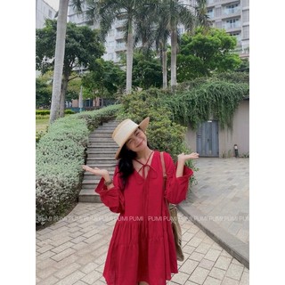 Đầm BBD xòe tay dài cổ V có cột dây nơ trước freesize Pumi