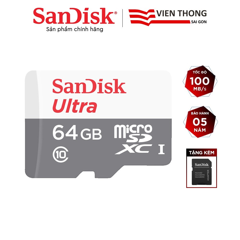 Thẻ nhớ microSDXC SanDisk Ultra 64GB upto 100MB/s 533x tặng Adapter (ngẫu nhiên) -