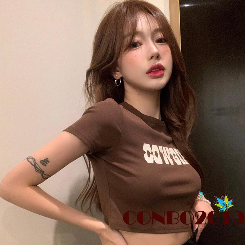 Áo Thun Crop Top Tay Ngắn Cổ Tròn In Chữ Phong Cách Đường Phố Cho Nữ