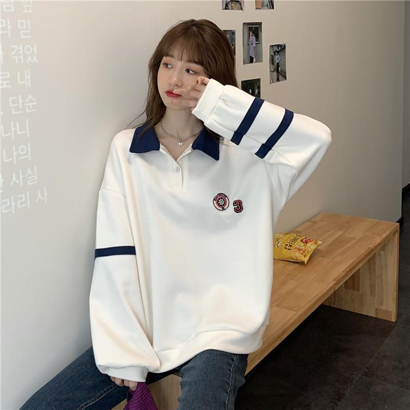 Áo Hoodie Lông Dày Dặn Cổ Bẻ Dáng Rộng In Họa Tiết Phối Nút Thời Trang Hàn Quốc