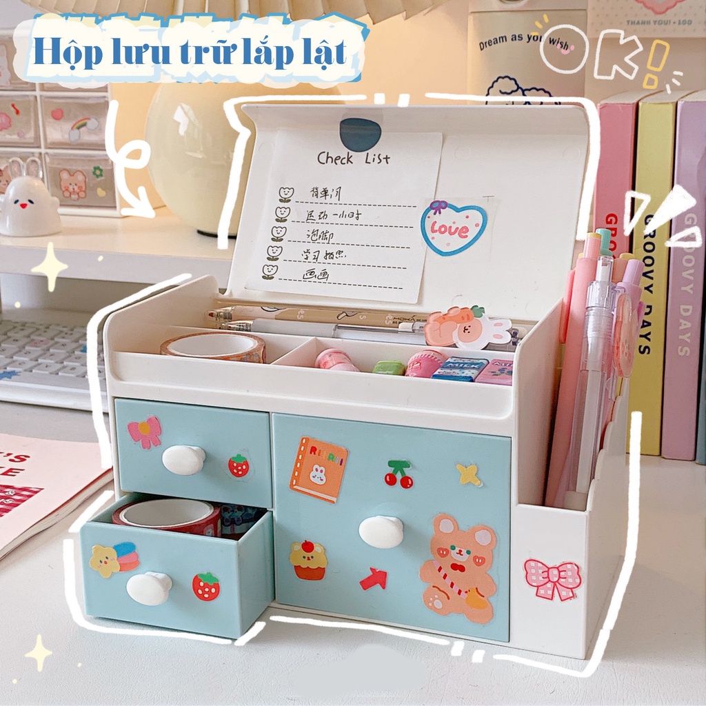 Hộp lưu trữ đồ dùng văn phòng phẩm mĩ phẩm 2 tầng có hộp ngăn kéo để bàn máy tính trang trí