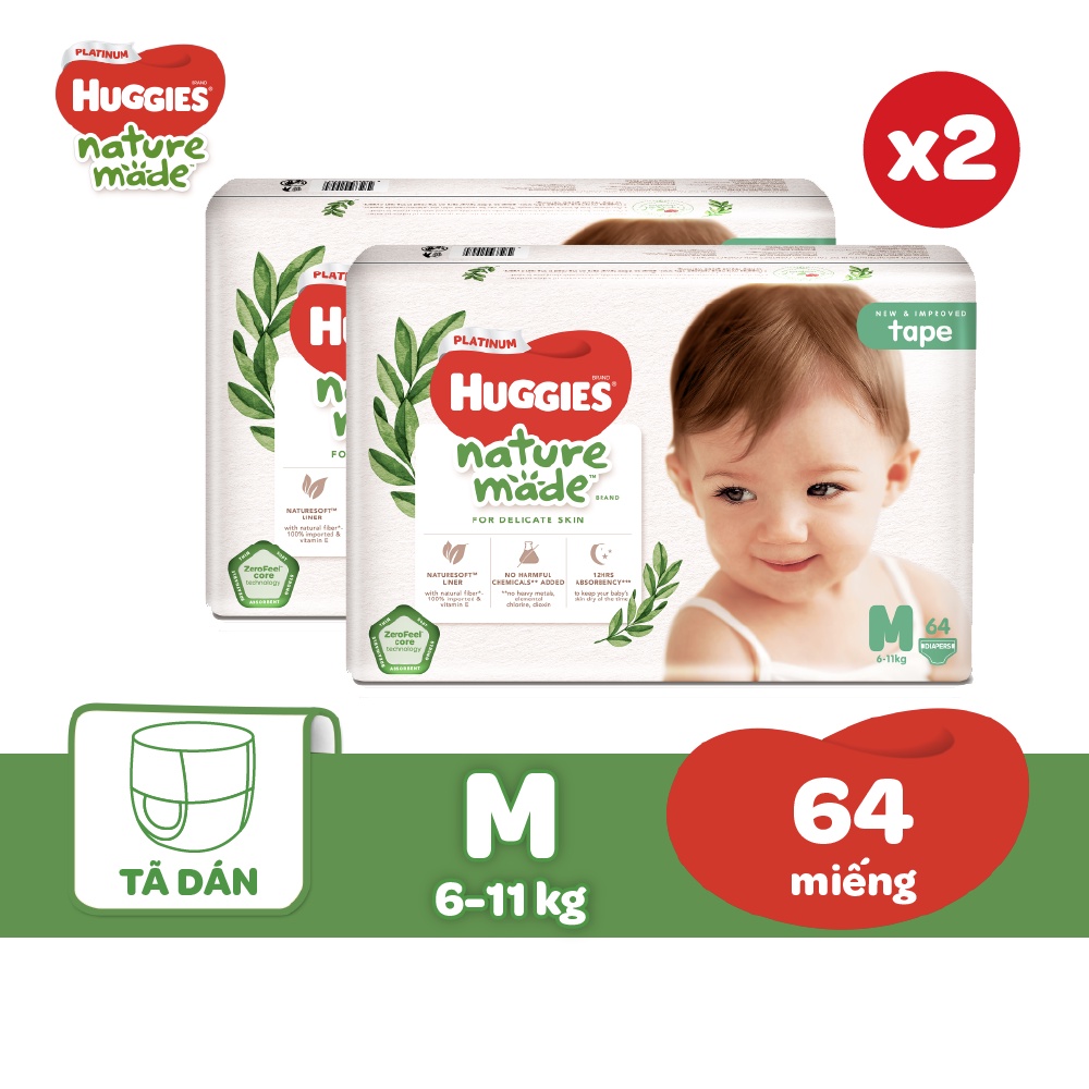 [HUGFEB15 -10% max 60k đơn 400k] Combo 2 Tã Dán Huggies Platinum Nature Made Size M64