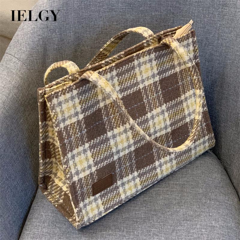 Túi Xách Đeo Vai Vải Len Sức Chứa Lớn Họa Tiết Sọc Caro Phong Cách retro Chất Lượng Cao Cho Nữ