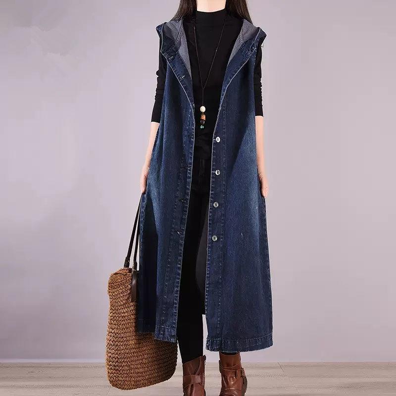 Áo Khoác denim Không Tay Có Mũ Trùm Dáng Rộng Dài Qua Gối Thời Trang Hàn Quốc Mới 2022