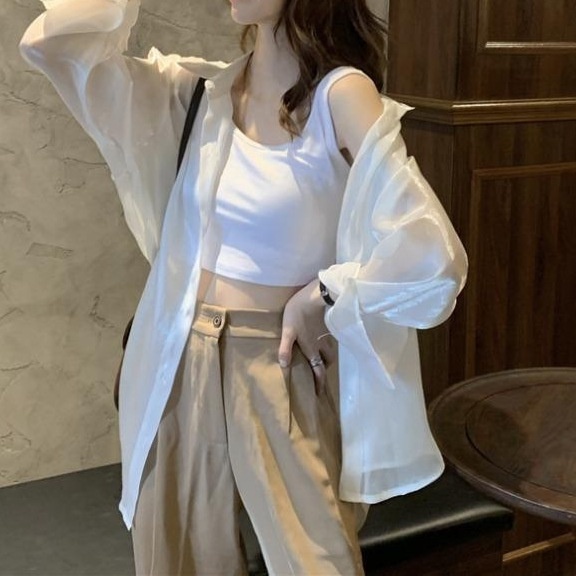 Áo sơ mi voan mỏng nữ, sơ mi cao cấp, áo ngủ sexy dài xuyên thấu, dáng rộng khoác ngoài