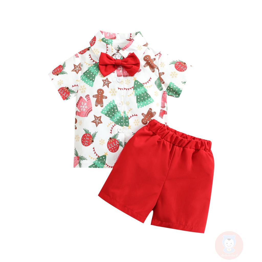 Laa6-boys Set Áo Thun Ngắn Tay In Hình Cây Thông Giáng Sinh Phối Nơ + Quần Short Giản Dị