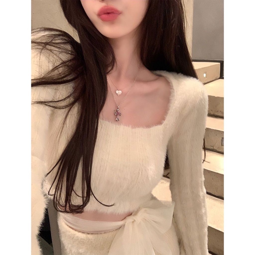 Mới Set Áo Sweater Giả Lông Chồn + Chân Váy Nhỏ Xinh Xắn Thời Trang Cho Chị Em Gái