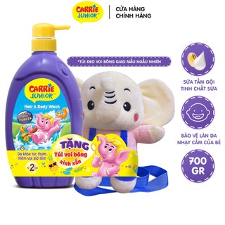 Sữa Tắm Gội cho bé Carrie Junior hương Tinh Chất Sữa 700g + Túi Đeo Hình Voi Bông