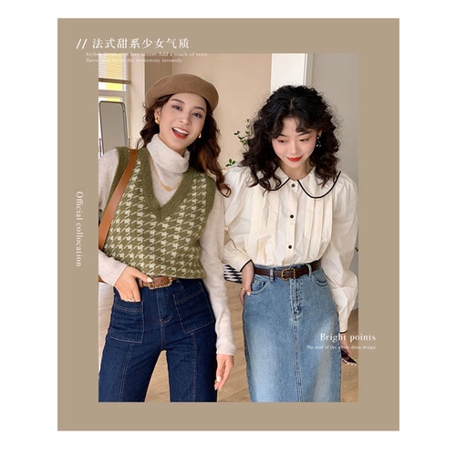 Áo Sơ Mi Cổ Búp Bê Dáng Rộng Màu Sắc Tương Phản Thời Trang Mùa Thu Cho Nữ