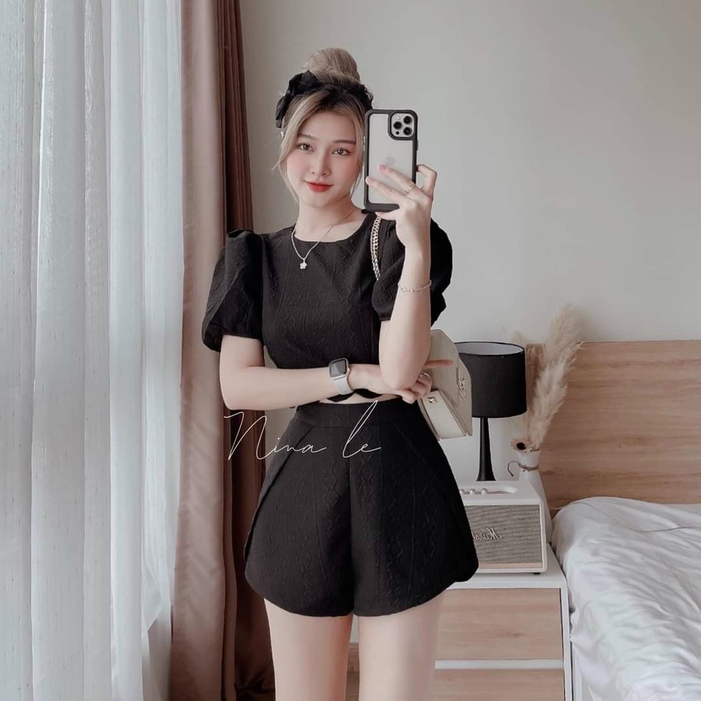 SET ÁO CROP TOP LINE LƯỢN SÓNG BUỘC NƠ LƯNG CẮT LAZE