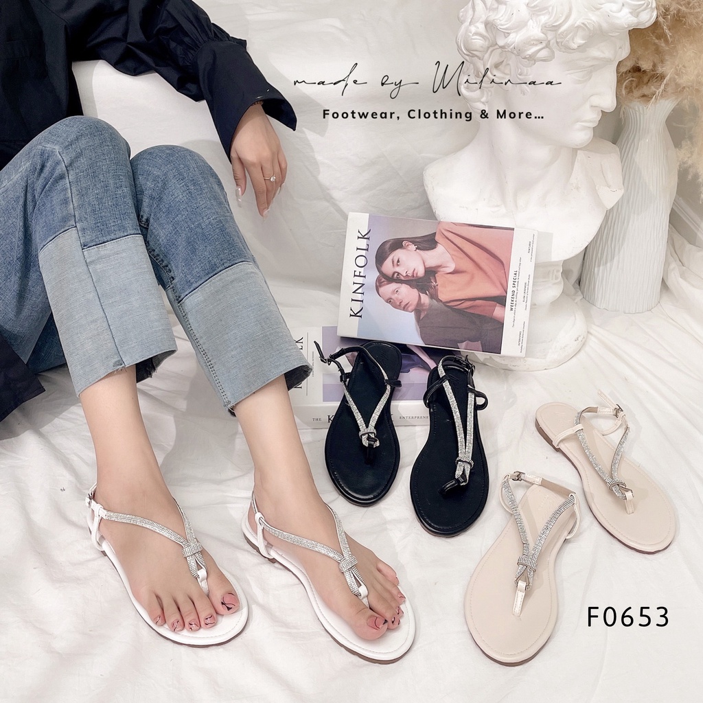 GIÀY SANDAL NỮ ĐẾ BỆT QUAI KẸP CHỮ V VIỀN XOÀN ĐÁ DA MỀM F0653