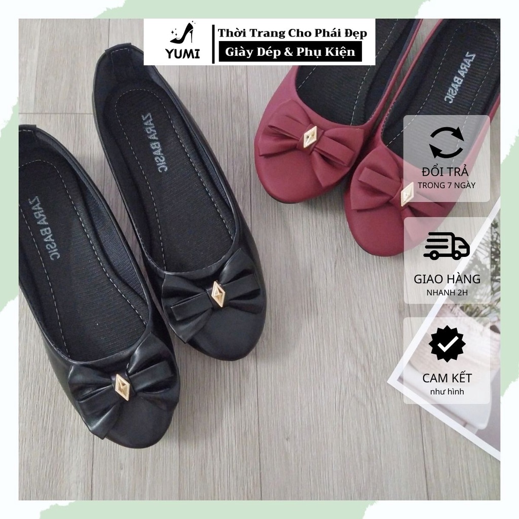 Giày búp bê đế bệt mũi nhọn đính nơ giày nữ bít mũi YUMI STORE GB1