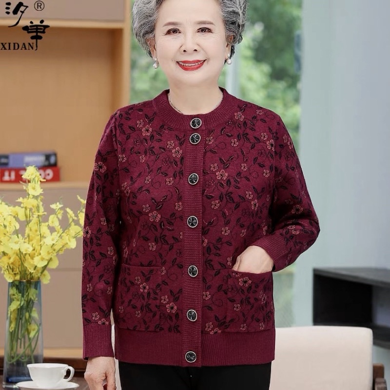 Áo khoác len hoa bà già cài khuy. Áo khoác mùa đông cho bà