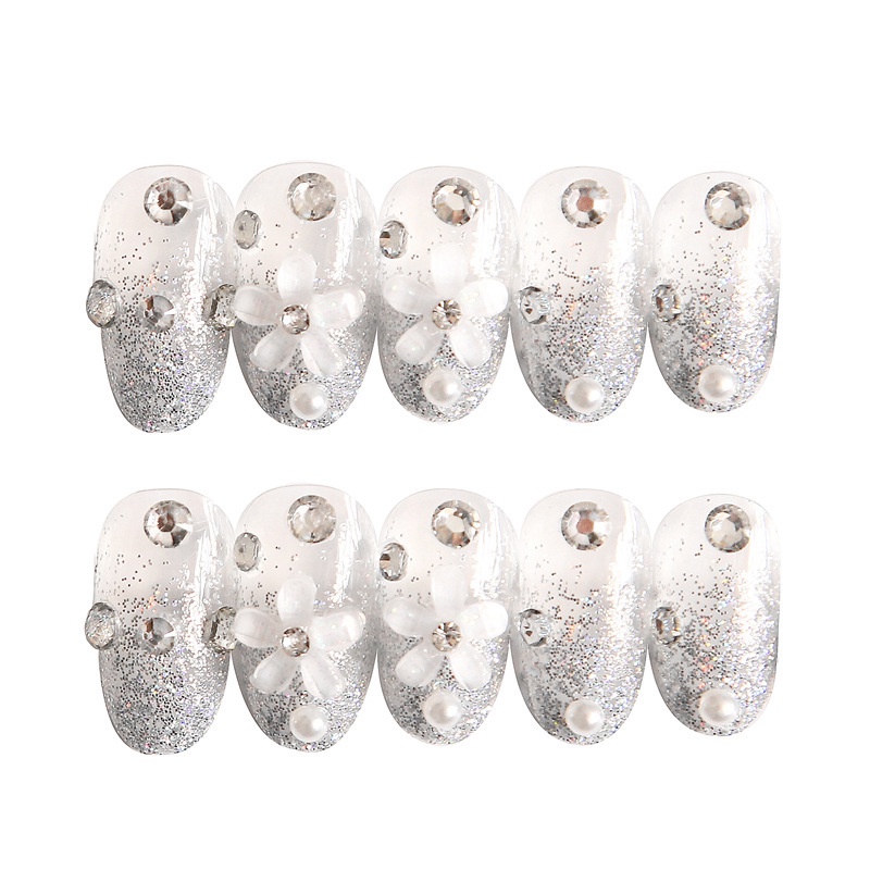 Bộ 24 Móng Tay Giả Hình Hoa Đính Kim Cương Giả Màu Bạc