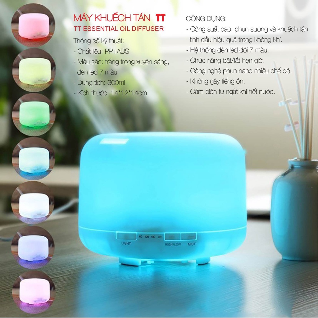 Máy khuếch tán tinh dầu AROMA Trụ Tròn, dung tích 300 - 500ml AZ008 có điều khiển, đèn led 7 màu, bảo hành 6 tháng