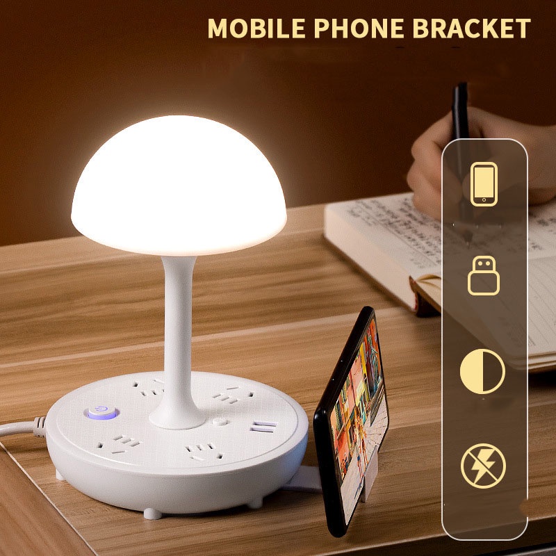 Đèn ngủ để bàn hình nấm tích hợp ổ cắm đa năng, sac USB, type C, giá đỡ điện thoại thông minh tiện dụng Ráp