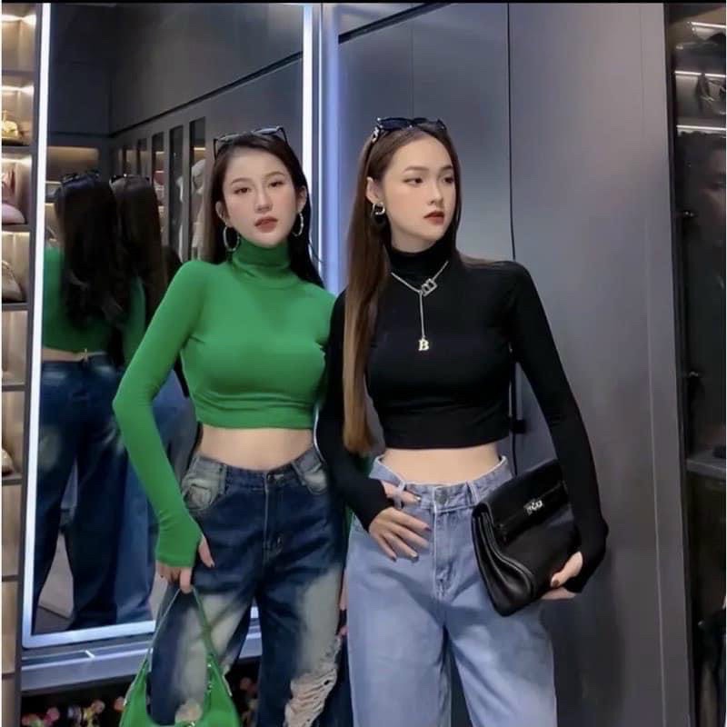 ÁO CROPTOP CỔ LỌ TAY DÀI THUN LỤA ÔM BODY TÔN DÁNG