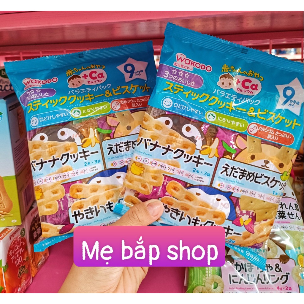 Bánh quy ăn dặm Wakodo bổ sung canxi 3 loại khoai lang, đậu xanh, chuối 9M