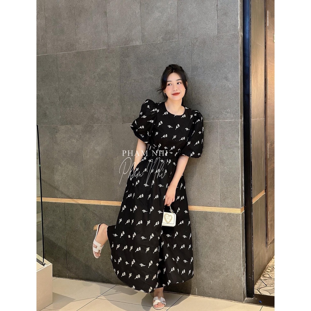 ĐẦM POPLIN NỮ TAY BỒNG THÊU HỌA TIẾT MÀU ĐEN - 7901/865