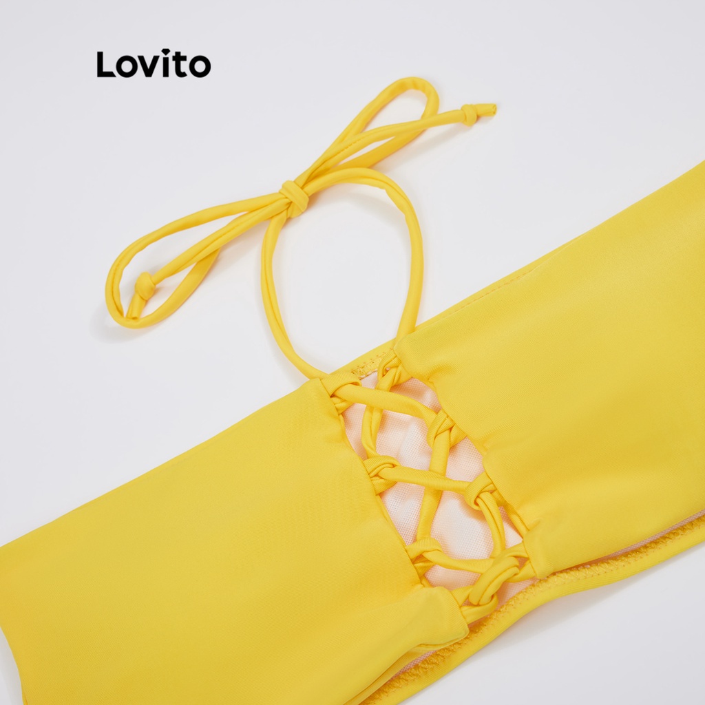Set bikini LOVITO dây rút dạng cột hở lưng viền xếp ly họa tiết kiểu nhiệt đới phong cách boho L18X378 (Màu vàng)