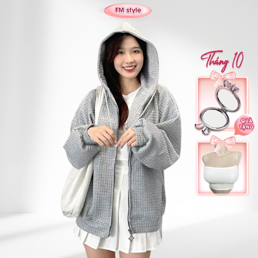 Áo khoác nỉ FM Style form rộng tay bồng basic khoá kéo phối 2 túi có mũ lớn thời trang ulzzang 208250011