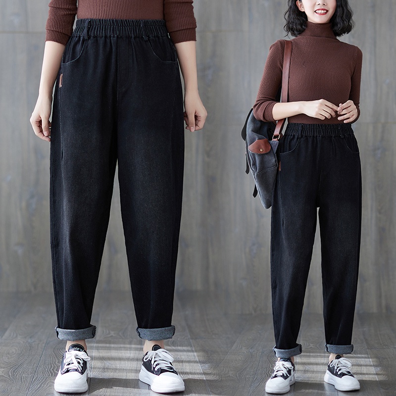 CÓ SẴN SIZE M B375 Quần bò bigsize cạp chun dáng suông màu đen đơn giản