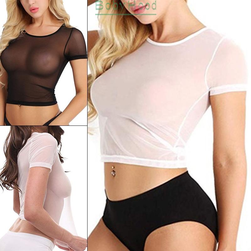 Ladies Women Tops Tight Clubwear Cropped Mesh Short sleeve Transparent#BBHOOD
