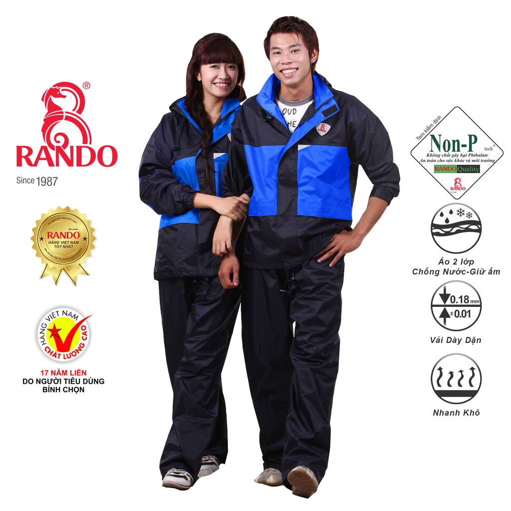 BỘ QUẦN ÁO MƯA 2 Lớp Giữ Ấm RB8, Chính Hãng RANDO, Vải Dù Cao Cấp, Thời Trang, Bền Bỉ Không Thấm Nước Cho Đi Phượt