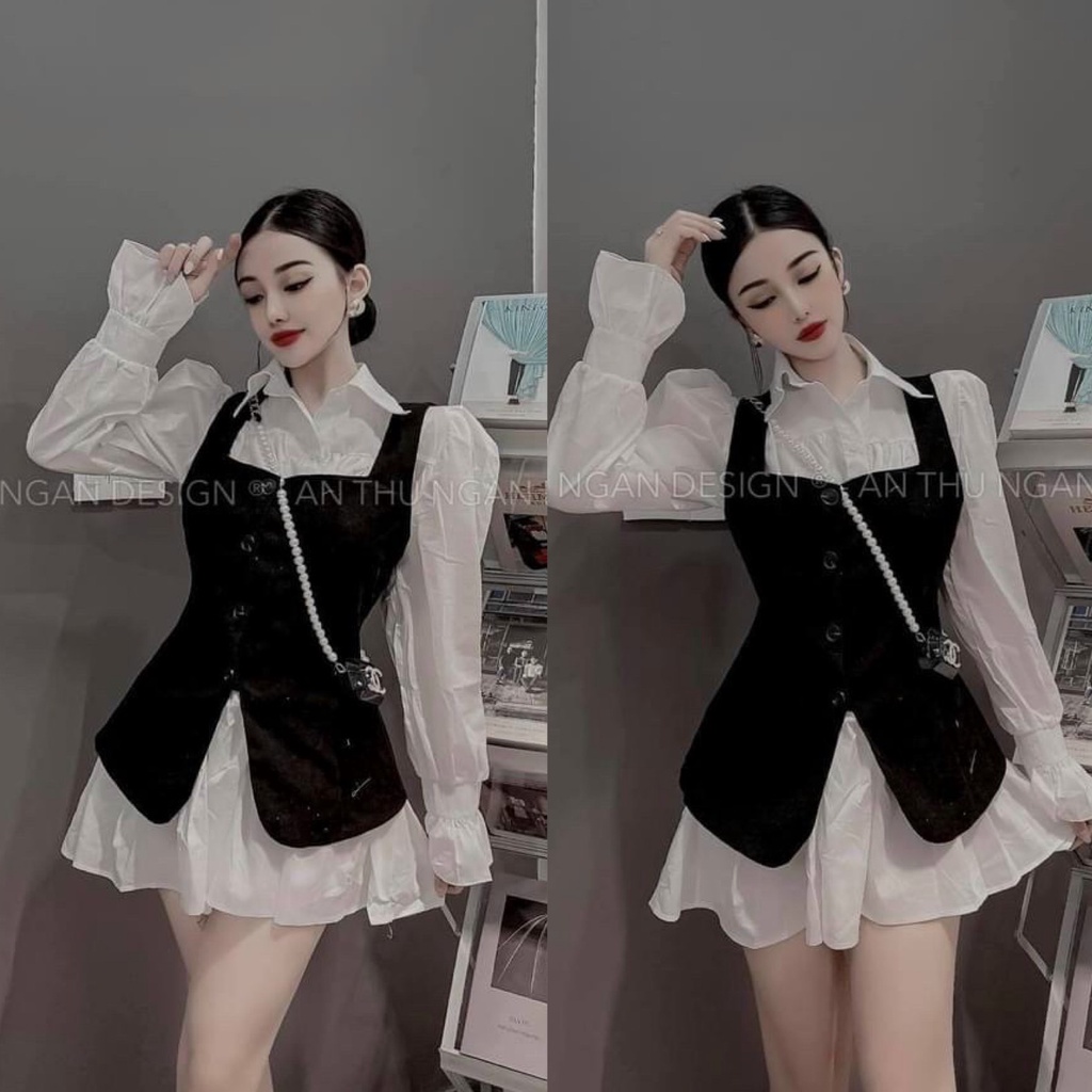 Set bộ váy sơ mi siêu xinh xắn phối áo yếm đơn giản, bánh bèo dành cho các nàng đi chơi