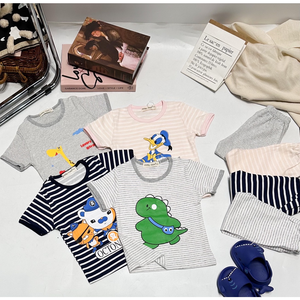 Bộ Tay Ngắn Quần Dài MINKY MOM COTTON HÀN Vải Sọc In Hình Ngộ Nghĩnh Cho Bé TN-IN114