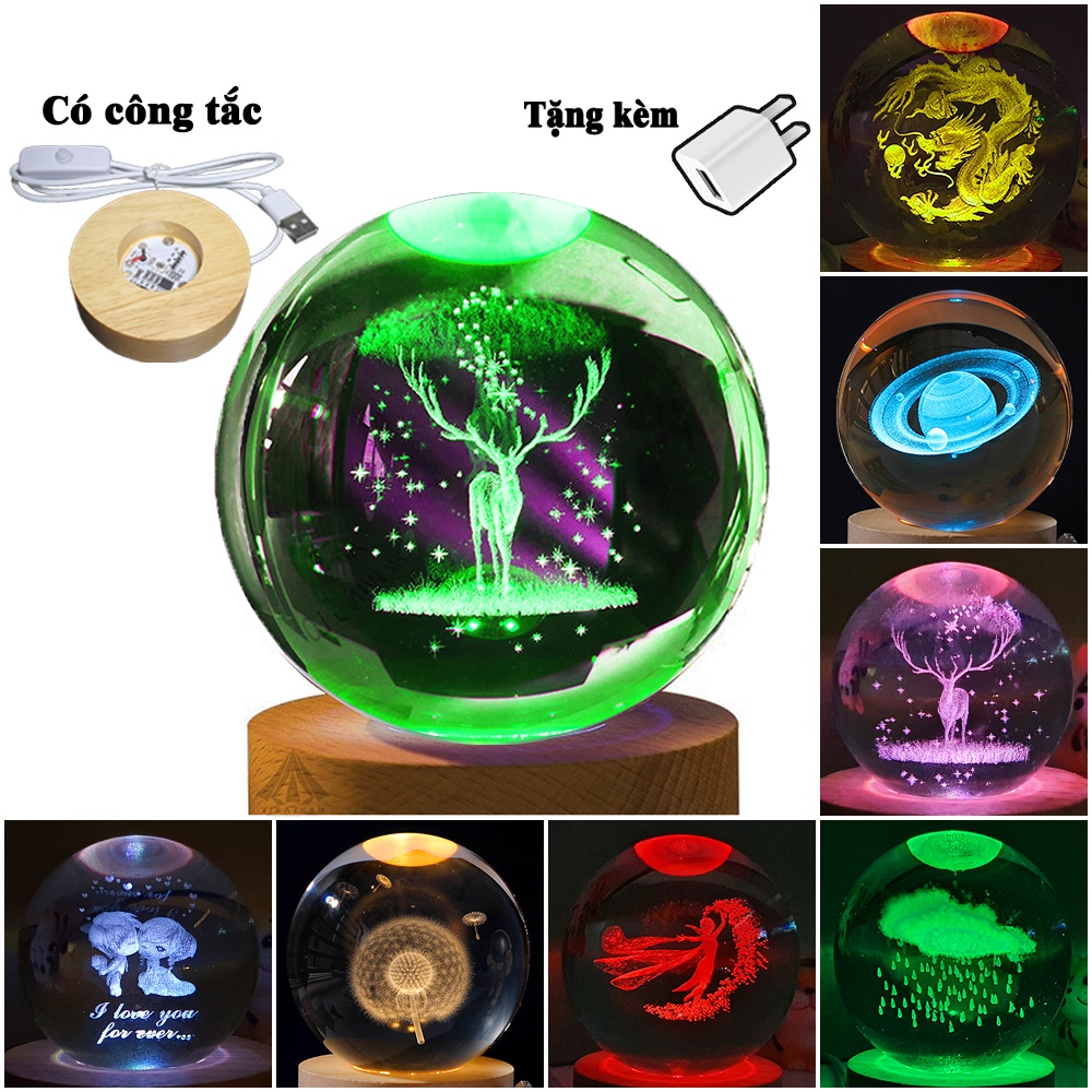 Đèn quả cầu pha lê 3D LED RGB nhiều màu, có công tắc, làm quà tặng, decor bàn học, làm việc, đèn ngủ đẹp lung linh