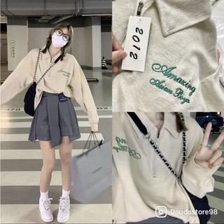 Áo Polo nỉ Amazing be cổ bẻ kéo khoá thêu chữ FREESHIP form rộng chất nỉ da cá dài tay Ulzzang