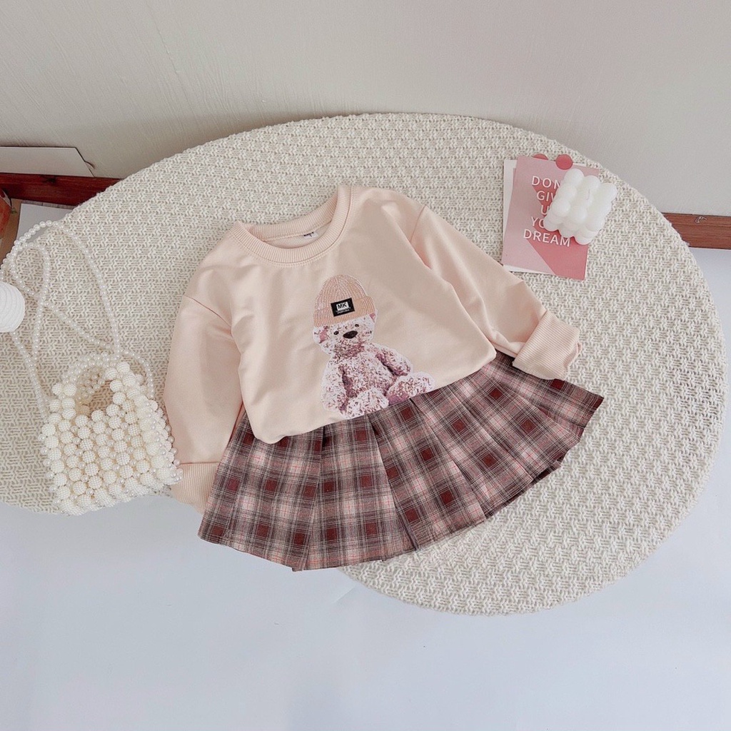 Set Bé Gái Thiết Kế Siêu Đẹp Áo Dài Tay Kết Hợp Chân Váy Xếp Ly Kẻ Vải Thô Kiểu Dáng Thời Trang Cá Tính Cho Bé