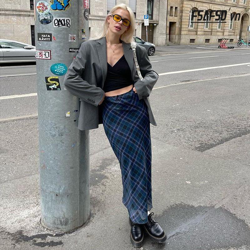 Chân Váy Lưng Cao Họa Tiết Sọc Caro Phong Cách Retro Mỹ