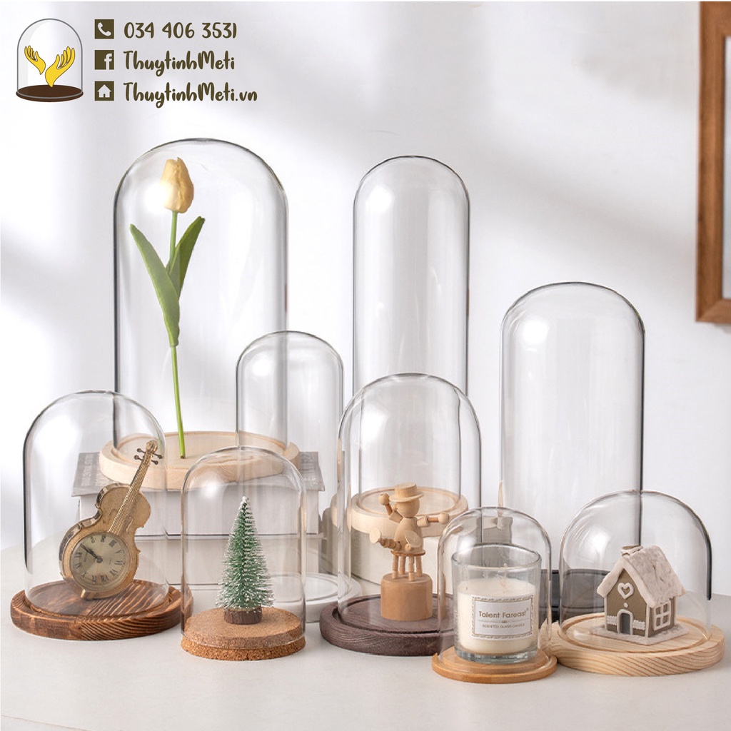 Chụp thủy tinh đế gỗ kích thước 12x26, kích thước tùy chỉnh theo yêu cầu
