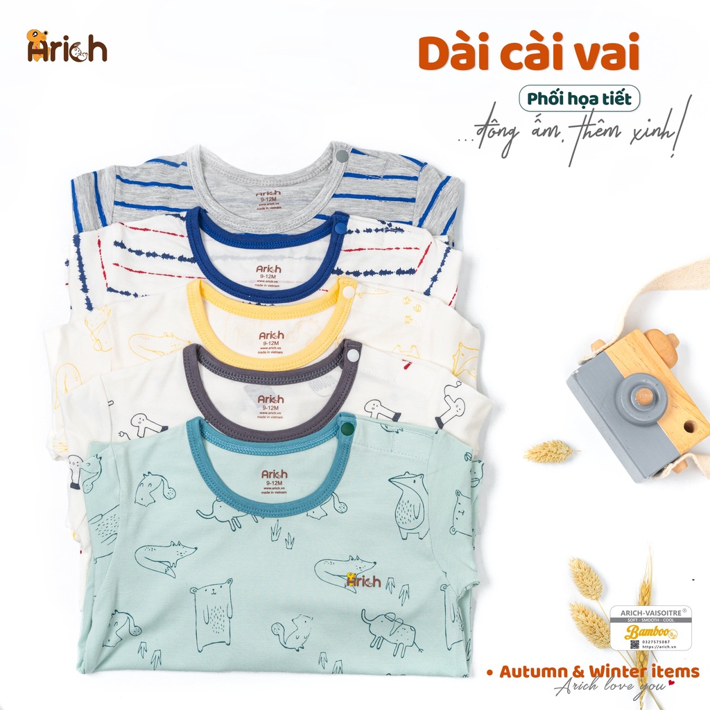 Bộ dài tay cài vai Arich vải sợi tre mềm mịn, quần áo trẻ em thoáng khí, co giãn 4 chiều