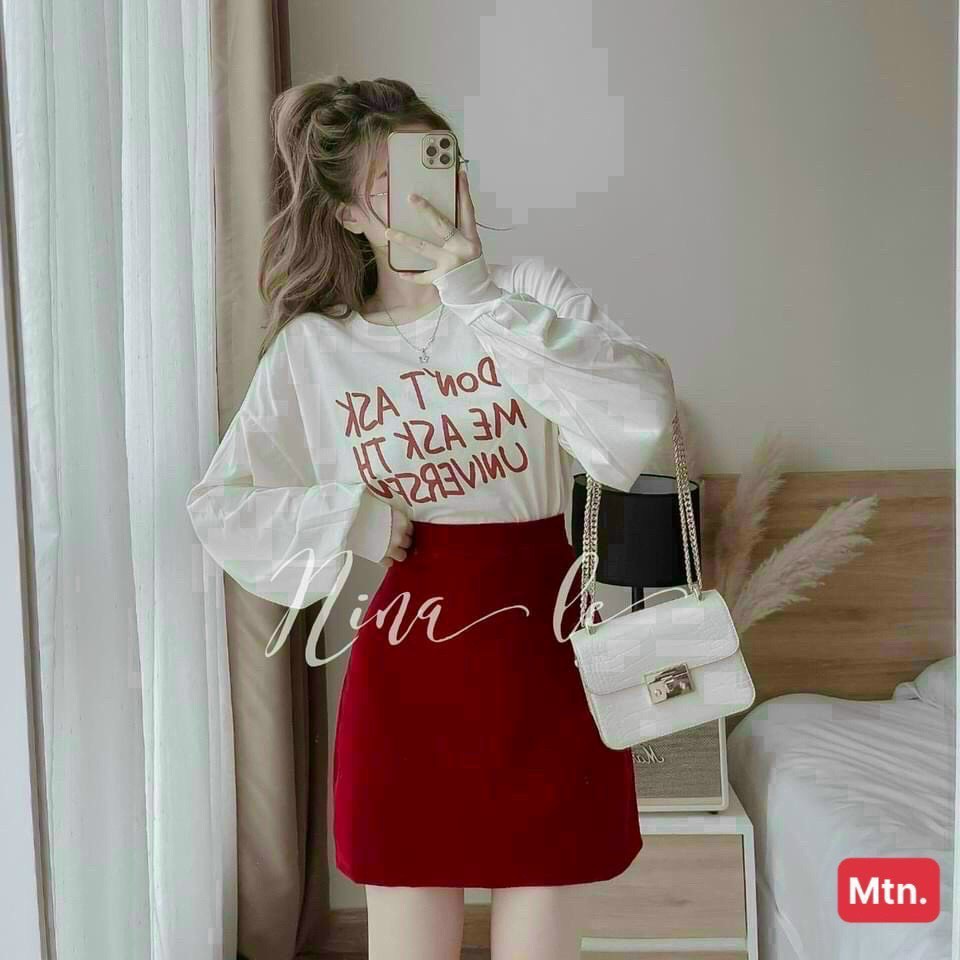 Sét bộ đồ nữ áo cổ tròn tay dài họa tiết in chữ kèm chân váy ( có lót ) tôn dáng siêu xinh phù hơp đi chơi dạo phố
