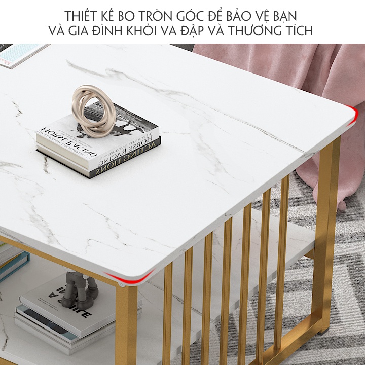 Bàn trà sofa phòng khách, mặt gỗ vân đá dày 15mm, thiết kế 3 tầng, chân sắt phun sơn tĩnh điện, kích thước 100x50x42cm | BigBuy360 - bigbuy360.vn