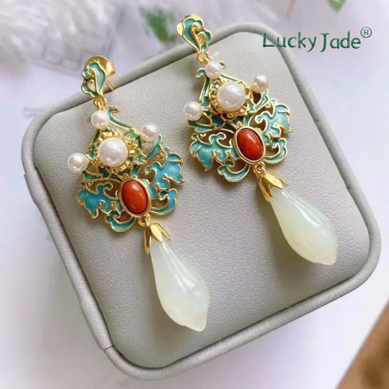 Bông Tai Mạ Bạc 925 Đính Đá Mã Não Đỏ Phong Cách Cung Điện