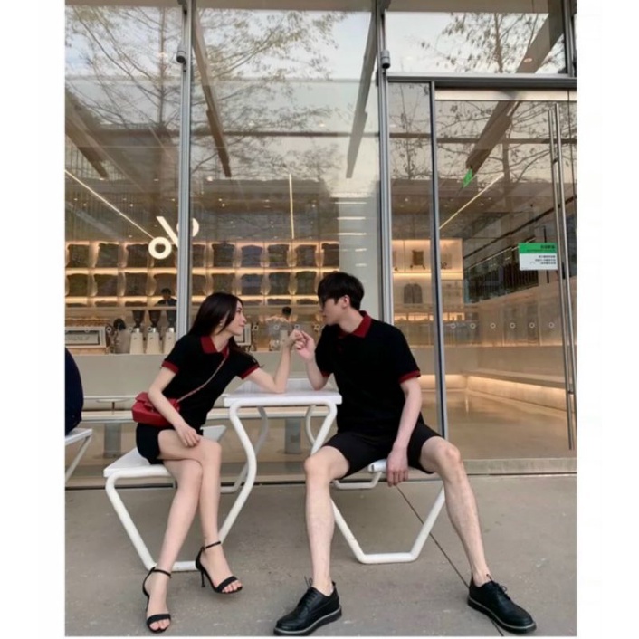 Váy thun đôi nam nữ polo cổ bẻ trang trí