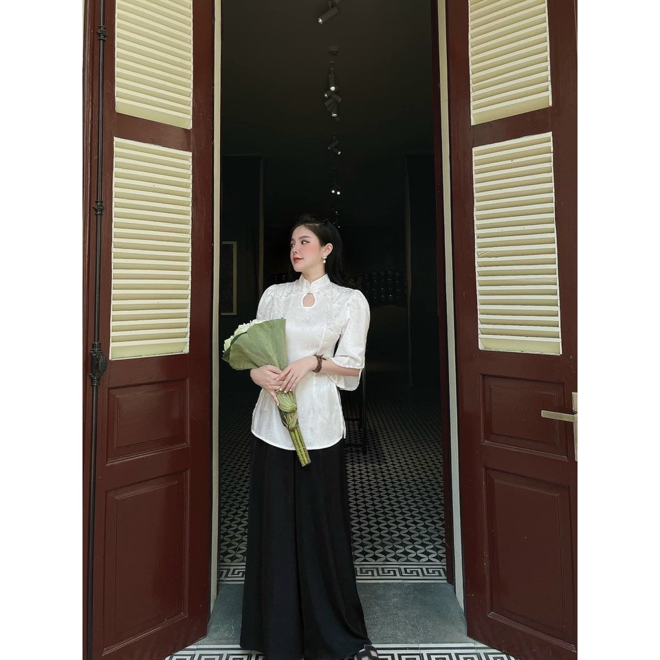 Đồ lam đi chùa, Bộ Đi Lễ Chùa Nữ Mẫu Cổ Lệ Vải Lụa Gấm Loại 1 màu Trắng