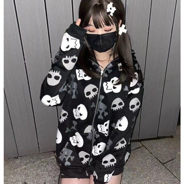 Áo Khoác Cardigan Mỏng Có Nón Họa Tiết Đầu Lâu Phong Cách Hip Hop Đường Phố Cá Tính Cho Nữ