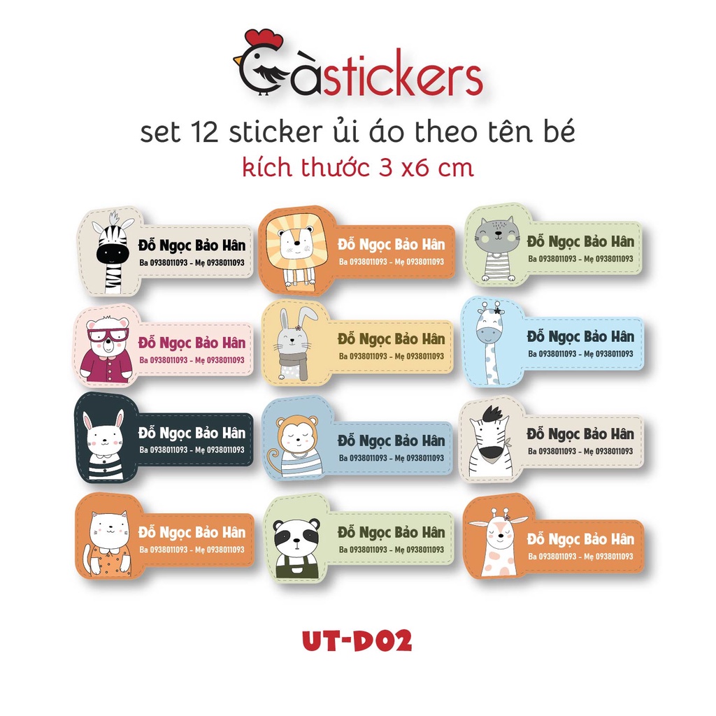 Sticker ủi áo in tên trẻ em GaStickers UT-D02- bộ 12 miếng kích thước 3 x 6 cm