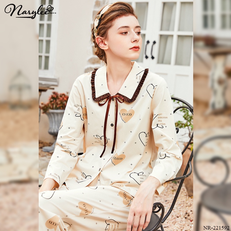 Bộ pijama cổ sen đính nơ dài tay thu đông chất cotton cao cấp thương hiệu Narylee