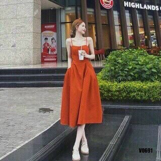 [11.11 Sale Freeship] Đầm nữ hai dây dáng xòe tùng màu cam đi chơi dạo phố sang chảnh giúp nàng nổi bật giữa đám đông
