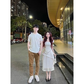 SET ÁO TRẮNG CỔ PETER  + CHÂN VÁY MIDI DẬP LY