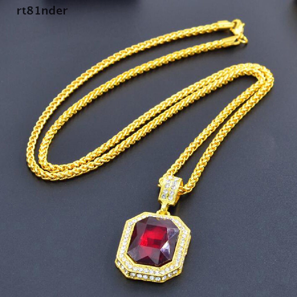 Rt Vòng cổ Mặt Vuông Đính Đá Ruby Phong Cách Hip Hop Cổ Điển Cho Nam