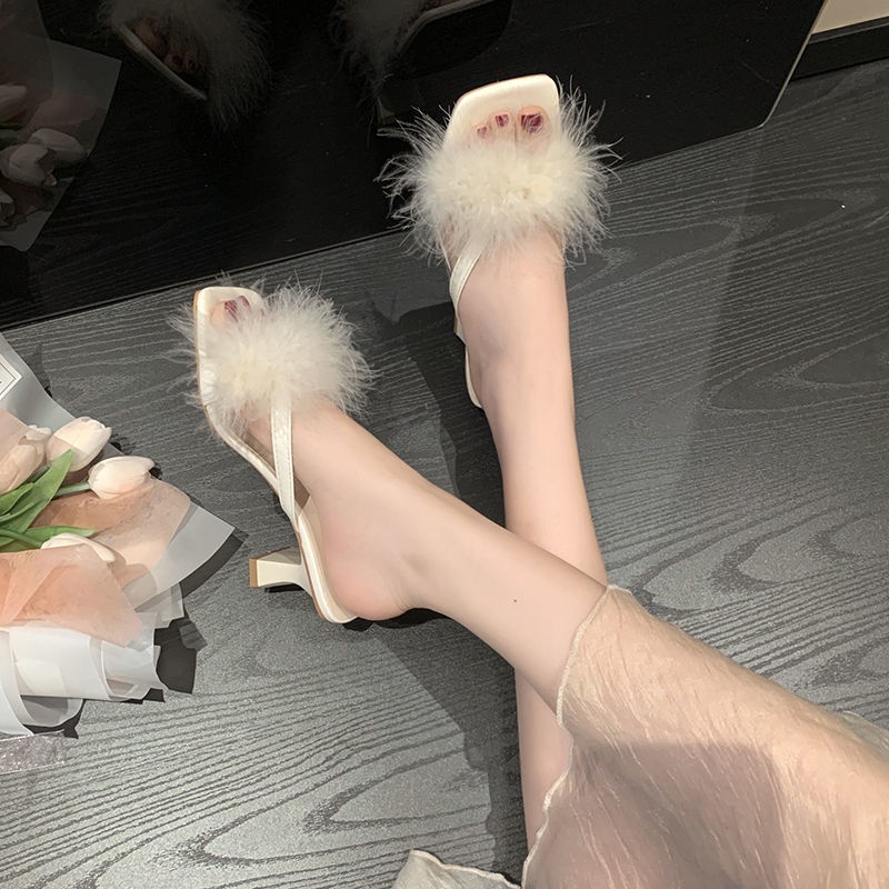 Dép Cao Gót Mũi Vuông Quai Ngang Phối Lông Thời Trang Mùa Hè Xinh Xắn Cho Nữ