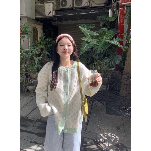Áo cardigan len, áo khoác thổ cẩm vintage màu xanh lá bánh bèo Hàn Quốc