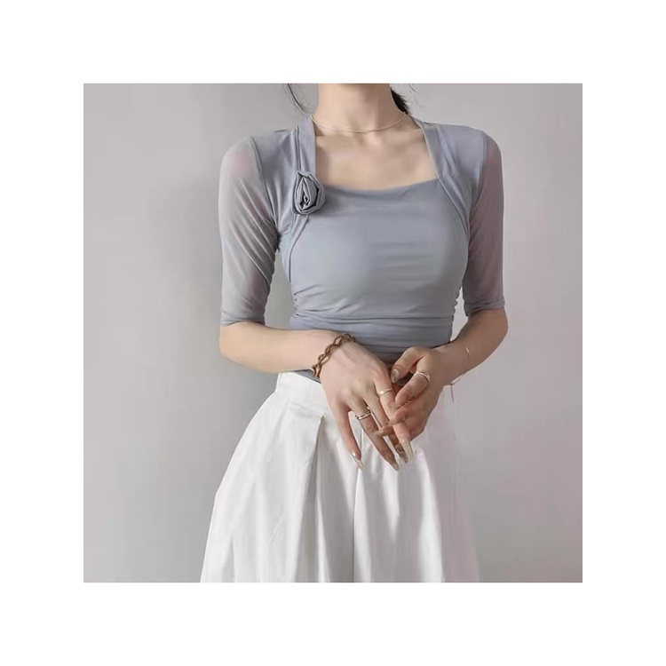 [M &amp; E] Áo Tay Lửng Ôm Dáng Phối Lưới Cổ Điển Đơn Giản Dùng Nhảy Múa Hiện Đại